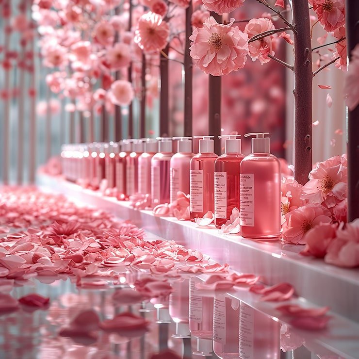 glass bottle fragrant bottle pink flowers background ai 1038983 34925